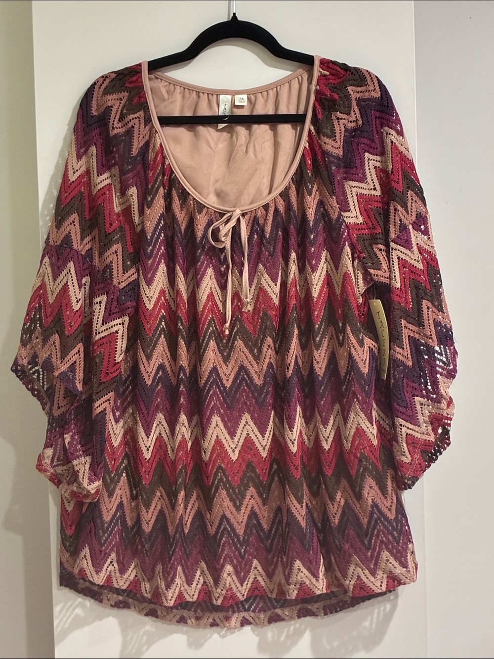 TACERA NWT Boho Chevron Lace Crochet Peasant Top - Mauve/Purple
